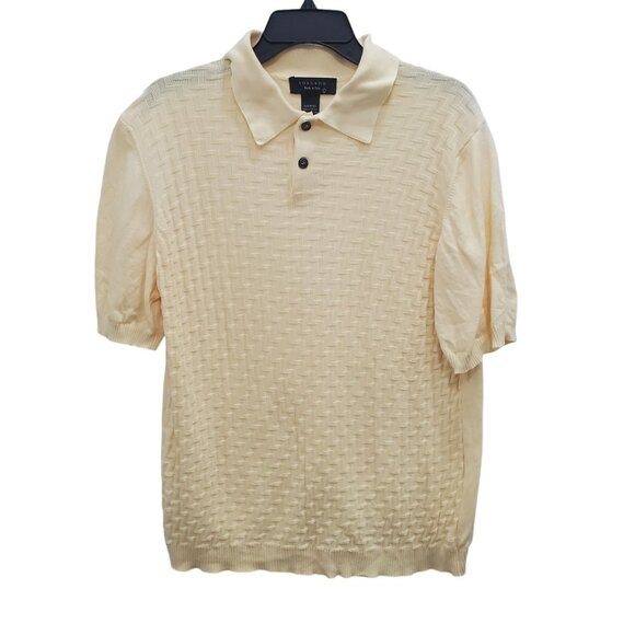 Toscano Men's Vintage Yellow Cotton Blend Textured Zig Zag Polo Shirt Italy Sz L - Picture 1 of 6